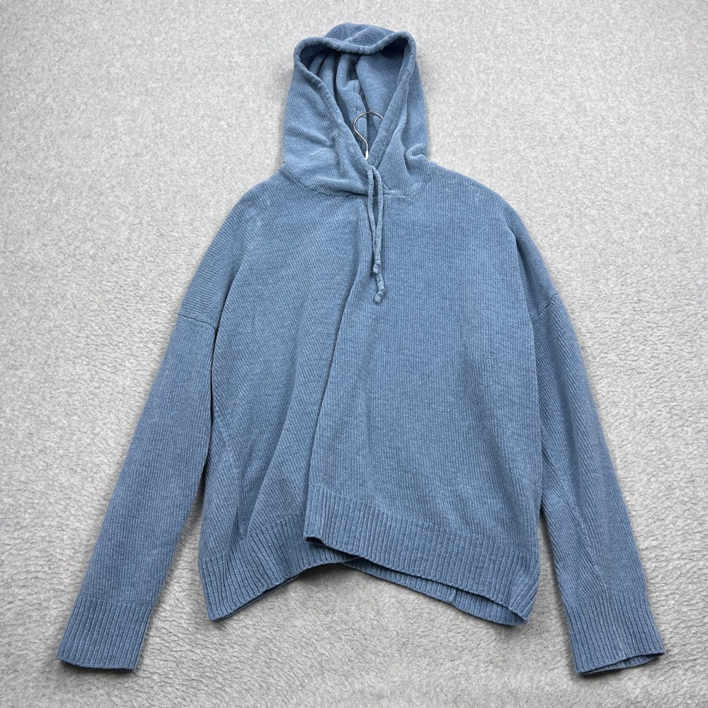 Eileen Fisher Chenille Hoodie Womens XL Blue‎ Knit Organic Cotton Ribbed Italian
